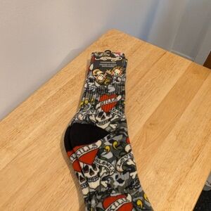 Ed Hardy Black Crew Socks with Red Heart & Yellow Accents